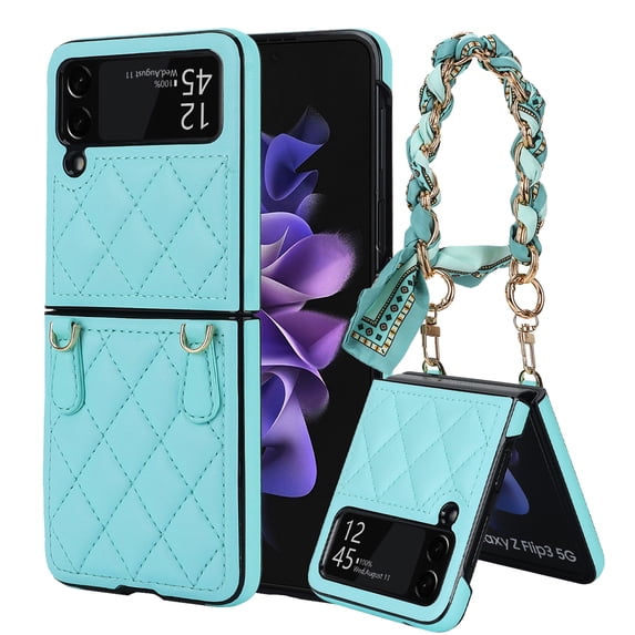Dteck Slim Case for Samsung Galaxy Z Flip 3 with Wrist Strap Bracelet Silk Scarf for Women Girls, Anti-Fall Shockproof Protective Cover for Galaxy Z Flip3 5G,Green