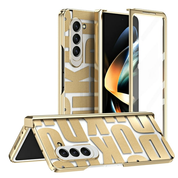 Dteck Slim Case for Samsung Galaxy Z Fold 5 5G, Shockproof Patterned Hinge Protection Plating Clear Hard PC Back Cover with Screen Protector,Gold