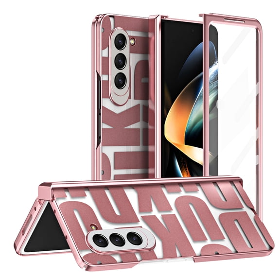 Dteck Slim Case for Samsung Galaxy Z Fold 5 5G, Shockproof Patterned Hinge Protection Plating Clear Hard PC Back Cover with Screen Protector,Rosegold