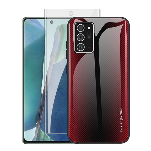 Dteck Slim Fit Case For Samsung Galaxy Note 20 5G / Note 20 with Tempered Glass Screen Protector, Lightweight Ultra Thin TPU Frame Case Glossy Colorful Glass Back Protective Cover, 01# Red/Black