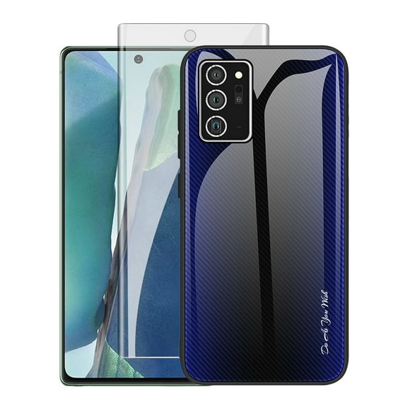 Dteck Slim Fit Case For Samsung Galaxy Note 20 Ultra 5G with Tempered Glass Screen Protector, Lightweight Ultra Thin TPU Frame Case Glossy Colorful Glass Back Protective Cover, 03# Navy/Black