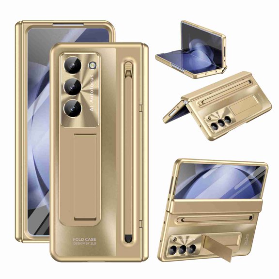 Dteck Slim Fit for Google Pixel Z Fold 2 Case with S Pen & S Pen Holder, Tempered Glass Screen Protector & Adjustable stand Hinge Protection Shockproof Lightweight Full Protective Cover,Gold
