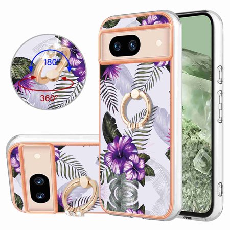 Dteck Slim Fit Phone Case for Google Pixel 8A, Shockproof IMD Marble Pattern Fashion Ring Stand Case for Girls,with Screen and Camera Lens Protection for Google Pixel 8A,Purple Flower