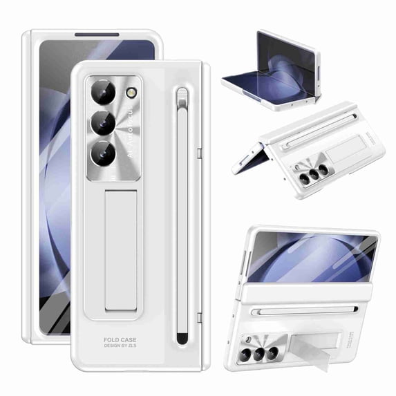 Dteck Slim Fit for Z Fold 6 Case with S Pen & S Pen Holder, Tempered Glass Screen Protector & Adjustable stand Hinge Protection Shockproof Lightweight Full Protective Cover for Z Fold 6 5G,White