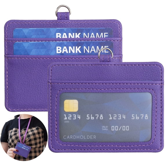 Dteck Slim Minimalist Wallet with Neck Strap, Front Pocket Wallets, Credit Card Holder for Men Women, Purple