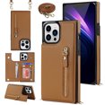 thumbnail image 1 of Dteck Slim Thin Fit Case for iPhone 13 Pro, Zipper Design Soft Silicone Shockproof Card Holder Slots Back Flip Phone Cover with Kickstand Magnetic Bracket Crossbody Shoulder Strap Case,Brown, 1 of 21
