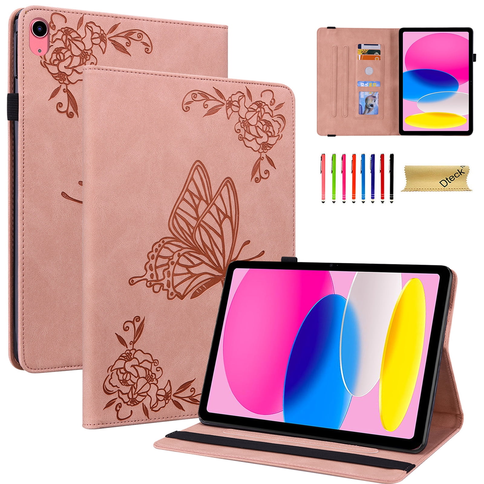 Dteck Smart Folio Case for Apple iPad (10th generation), Embossed Butterfly PU Leather Flip Stand Cover with Card Slots Pencil Holder Auto Wake Sleep Case for iPad 10th Gen 10.9" 2022,Pink