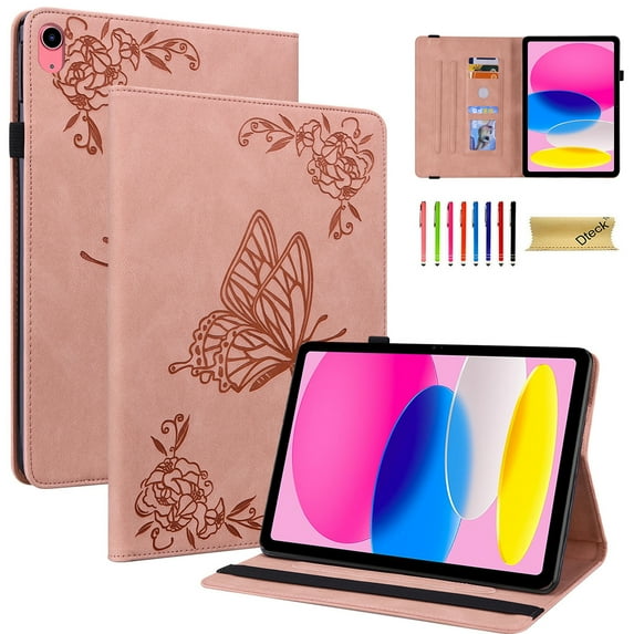 Dteck Smart Folio Case for Apple iPad (10th generation), Embossed Butterfly PU Leather Flip Stand Cover with Card Slots Pencil Holder Auto Wake Sleep Case for iPad 10th Gen 10.9" 2022,Pink