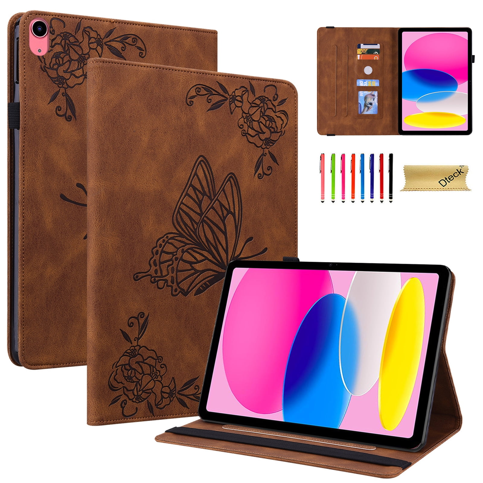 Dteck Smart Folio Case for Apple iPad (10th generation), Embossed Butterfly PU Leather Flip Stand Cover with Card Slots Pencil Holder Auto Wake Sleep Case for iPad 10th Gen 10.9" 2022,Brown