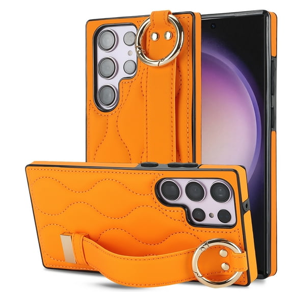 Dteck Soft Leather Case for Samsung Galaxy S22 Ultra Case with Wristband Strap Metal Ring Holder, Shockproof Protective Phone Cover for Samsung Galaxy S22 Ultra,Orange