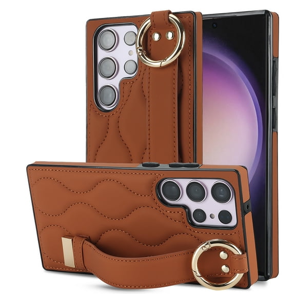 Dteck Soft Leather Case for Samsung Galaxy S23 Ultra Case with Wristband Strap Metal Ring Holder, Shockproof Protective Phone Cover for Samsung Galaxy S23 Ultra,Brown