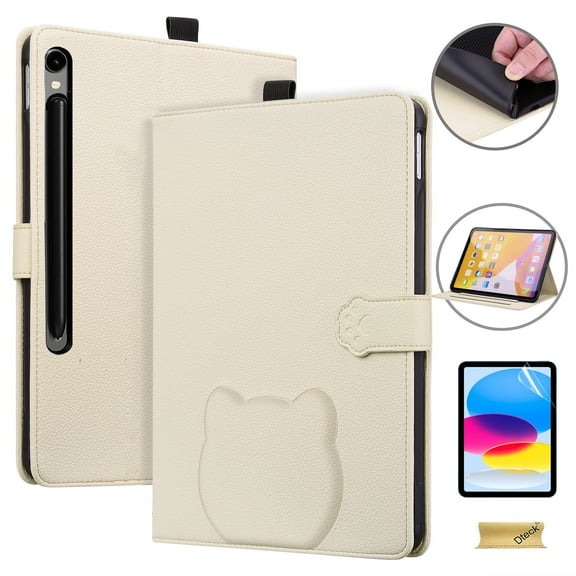 Dteck with Soft Screen Protector Case for Samsung Galaxy Tab S10 FE+ 13.1 inch (Model SM-X620/X626) 2025, Magnetic Smart Leather Cute Cat Design Card Slot Wallet Case Kickstand Folio Cover,White