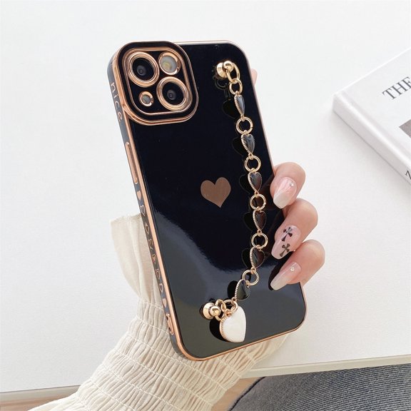 Dteck Strap Case for iPhone 14 Pro Max, Luxury Plating Shockproof Soft Flexible TPU with Love Heart Chain Bracelet Hand Strap Girl Women Cover Case for Apple iPhone 14 Pro Max 6.7" 2022, Black