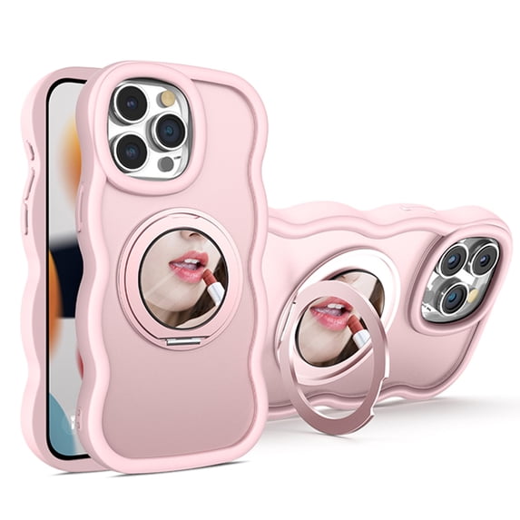 Dteck with Strap for iPhone 12 Pro Max Case with 360° Rotatable Magnetic Ring Stand Compatible with Mag-Safe Built-in Mirror Curly Wave TPU Frame Translucent Matte PC Cover for Women Men, Pink
