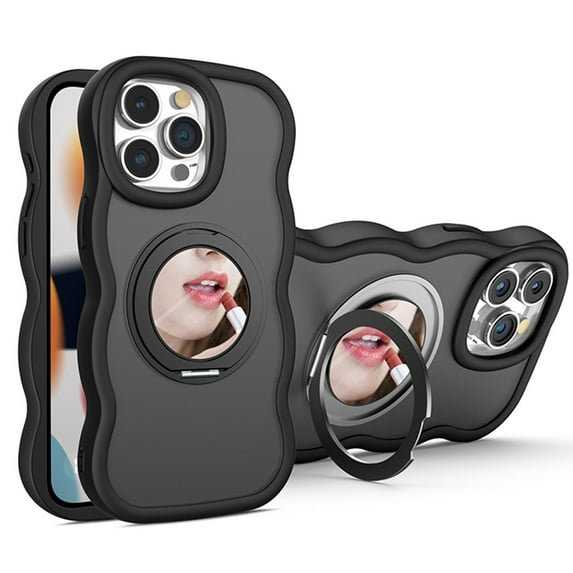 Dteck with Strap for iPhone 13 Pro Case with 360° Rotatable Magnetic Ring Stand Compatible with Mag-Safe Built-in Mirror Curly Wave TPU Frame Translucent Matte PC Cover for Women Men, Black