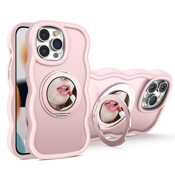Dteck with Strap for iPhone 14 Plus Case with 360° Rotatable Magnetic Ring Stand Compatible with Mag-Safe Built-in Mirror Curly Wave TPU Frame Translucent Matte PC Cover for Women Men, Pink