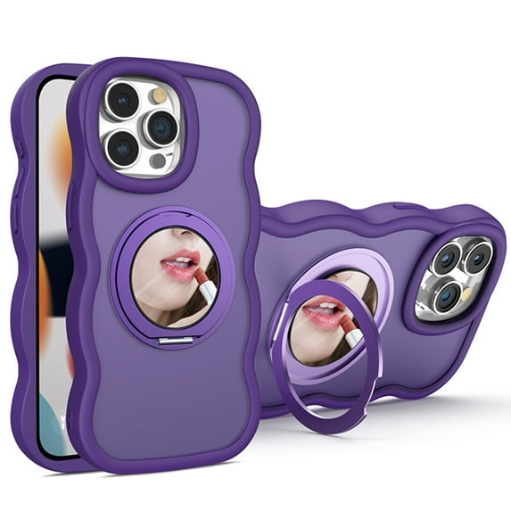 Dteck with Strap for iPhone 14 Plus Case with 360° Rotatable Magnetic Ring Stand Compatible with Mag-Safe Built-in Mirror Curly Wave TPU Frame Translucent Matte PC Cover for Women Men, Purple