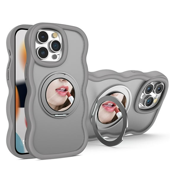 Dteck with Strap for iPhone 15 Plus Case with 360° Rotatable Magnetic Ring Stand Compatible with Mag-Safe Built-in Mirror Curly Wave TPU Frame Translucent Matte PC Cover for Women Men, Gray