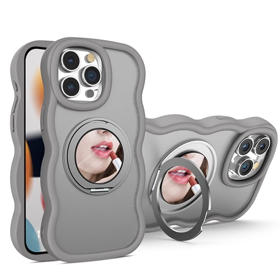 Dteck with Strap for iPhone 15 Pro Max Case with 360° Rotatable Magnetic Ring Stand Compatible with Mag-Safe Built-in Mirror Curly Wave TPU Frame Translucent Matte PC Cover for Women Men, Gray