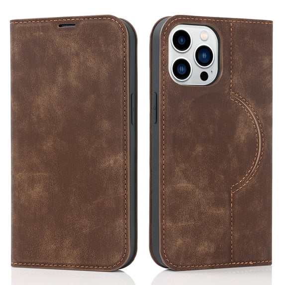 Dteck Strong Magnetic Case for iPhone 16 Pro, Compatible with MagSafe, iPhone 16 Pro Wallet Case with RFID Blocking Holder Slots, PU Leather Flip Folio Cover Kickstand Shockproof,Brown