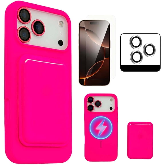 Dteck Strong Magnetic for iPhone 17 Pro Case with Detachable Card Holder, Camera Lens Cover, Glass Screen Protector, Silicone Shockproof Drop Protection Phone Cover for 17 Pro,Rose