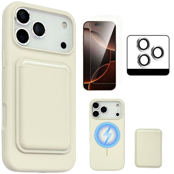 Dteck Strong Magnetic for iPhone 17 Pro Max Case with Detachable Card Holder, Camera Lens Cover, Glass Screen Protector, Silicone Shockproof Drop Protection Phone Cover for 17 Pro Max,Off-white