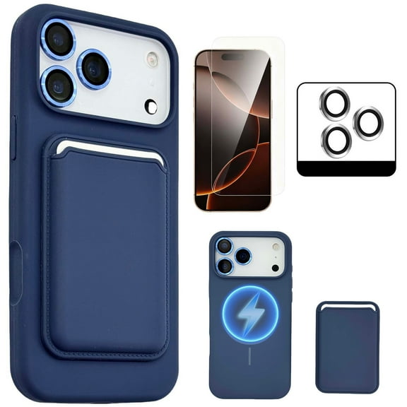 Dteck Strong Magnetic for iPhone 17 Pro Max Case with Detachable Card Holder, Camera Lens Cover, Glass Screen Protector, Silicone Shockproof Drop Protection Phone Cover for 17 Pro Max,Dark Blue