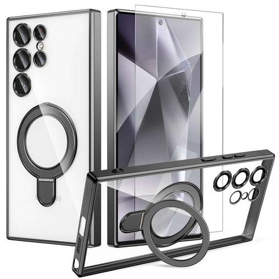 Dteck with Tempered Glass Screen Protector Magnetic Case for Samsung Galaxy S25 Mag-Safe TPU+PC Clear Case with Camera Lens Protector Stand Shockproof Electroplated Cover,Black