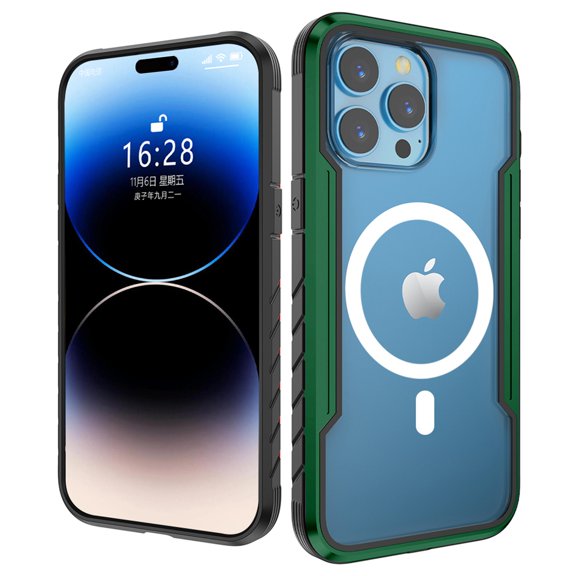 Dteck Transparent Back Case for iPhone 15 Pro,Magnetic Metal Bumper Case Compatible with Mag-Safe Shockproof Rubber Clear PC Cover,Green