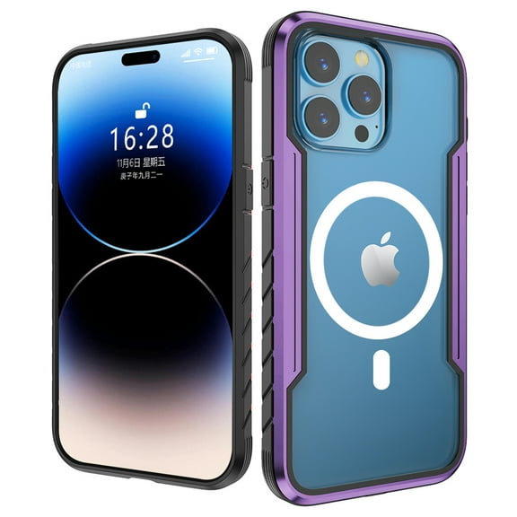 Dteck Transparent Back Case for iPhone 15 Pro,Magnetic Metal Bumper Case Compatible with Mag-Safe Shockproof Rubber Clear PC Cover,Purple
