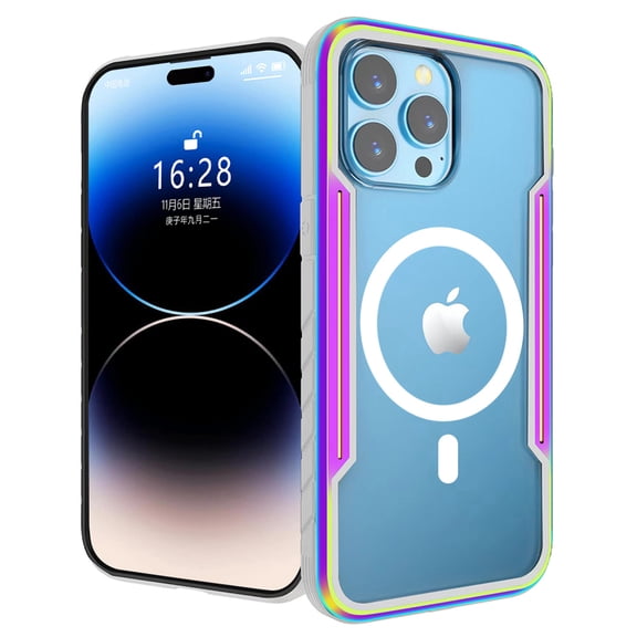 Dteck Transparent Back Case for iPhone 15 Pro,Magnetic Metal Bumper Case Compatible with Mag-Safe Shockproof Rubber Clear PC Cover,Rainbow