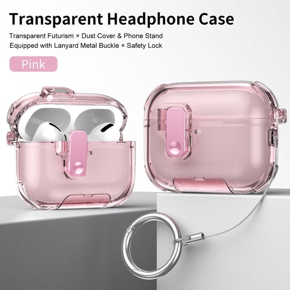 Dteck Transparent Protective Case for Apple AirPods 4th Generation (2024),Shockproof TPU+PC Case Lock Case Stand with Ring Strap Cover for AirPods 4th Gen 2024,Pink