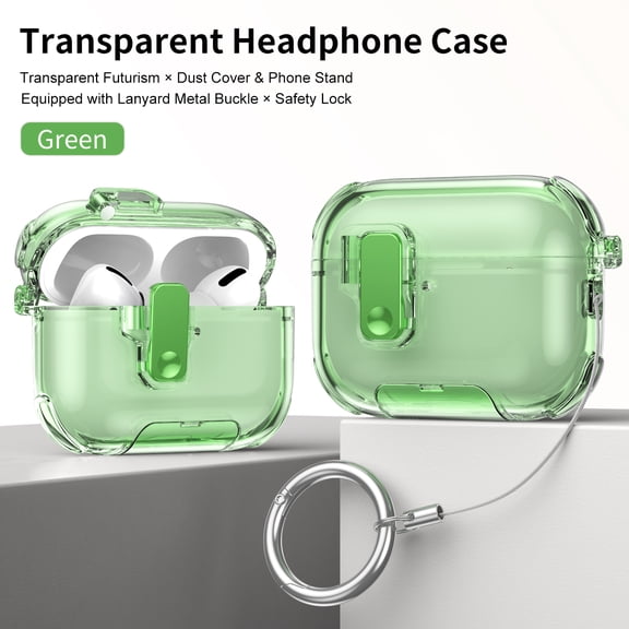Dteck Transparent Protective Case for Apple AirPods Pro 3rd Generation (2025),Shockproof TPU+PC Case Lock Case Stand with Ring Strap Cover for AirPods Pro 3 2025,Green