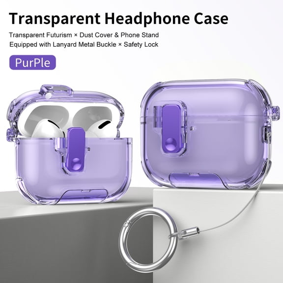 Dteck Transparent Protective Case for Apple AirPods Pro 3rd Generation (2025),Shockproof TPU+PC Case Lock Case Stand with Ring Strap Cover for AirPods Pro 3 2025,Purple
