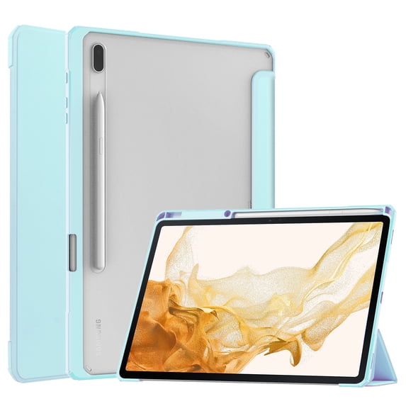 Dteck Tri Fold Case Fits Samsung Galaxy Tab S8 + 12.4 2022 (SM-X800/X806) / Tab S7 FE 12.4-Inch 2021 / Tab S7 Plus 12.4 2020 with S-Pen Holder, Crystal Transparent Back Cover with Auto-Wake,Skyblue