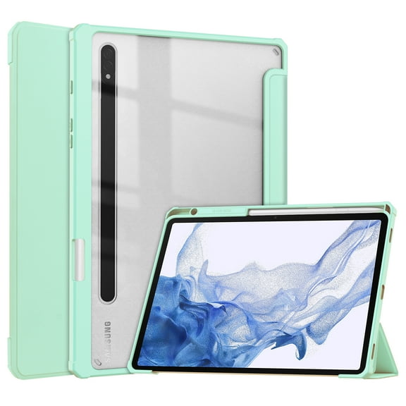 Dteck Tri Fold Case Fits Samsung Galaxy Tab S8 2022 (SM-X700/X706) / Tab S7 11 inch 2020 (SM-T870/T875/T876) with S-Pen Holder, Crystal Transparent Back Cover with Auto-Wake,Mintgreen