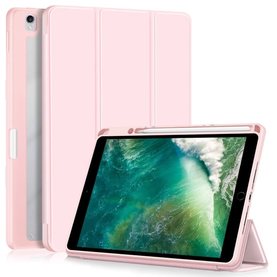 Dteck Trifold Stand Case for iPad 9th 8th 7th Generation 10.2-inch,Magnetic Smart Leather Case Clear PC Auto Sleep/Wake Back Cover Built-in Pencil Holder for iPad 10.2" 2021/2020/2019,Pink
