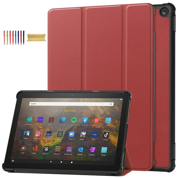 Dteck Ultra Slim Case for All-New Fire HD 10 Tablet (13th Generation, 2023 Release), Shockproof Premium PU Leather Trifold Lightweight Hard Smart Shell Stand Cover with Auto Wake/Sleep, Winered