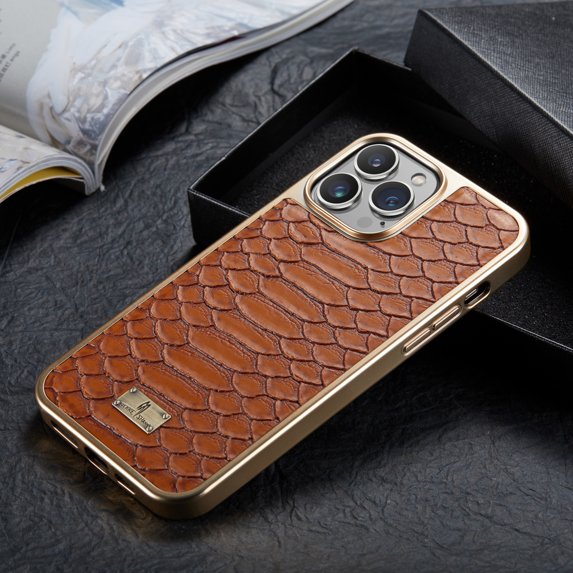 Dteck Ultra Slim Case For iPhone 13 Pro Snakeskin Pattern PU Leather Case Shockproof Cover with Python Pattern Gold Plating TPU Bumper.For iPhone 13 Pro,Brown
