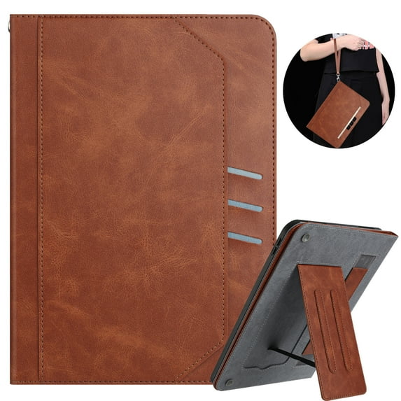 Dteck Universal 10 Inch Tablet Case, Premium PU Leather Business Folio Stand Cover with Card Holder Pocket Design Wrist Strap for 9.6 - 10.5 inch Tablet, Multiple Viewing Angles,Brown