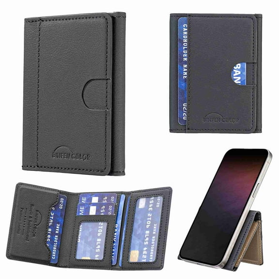 Dteck Universal for Magnetic Wallet Card Holder, Flip Trifold Leather Card Slots Detachable Magnetic PU Leather Wallet Phone Accessories, Black