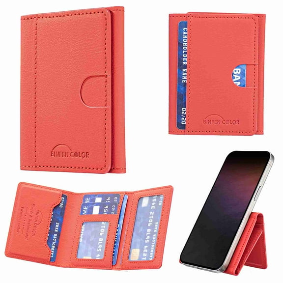 Dteck Universal for Magnetic Wallet Card Holder, Flip Trifold Leather Card Slots Detachable Magnetic PU Leather Wallet Phone Accessories, Red