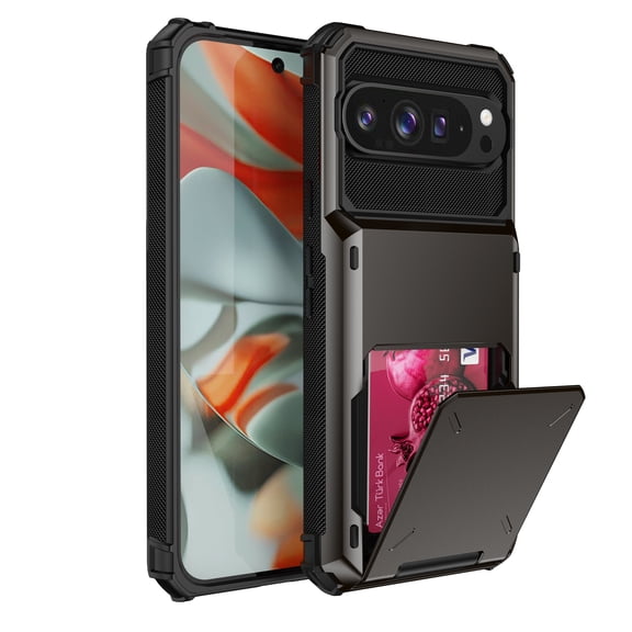 Dteck Wallet 4-Card Flip Cover for Google Pixel 9 / 9 Pro Credit Card Holder Slot Back Pocket Dual Layer Protective Hybrid Hard Shell Bumper Armor Case, Gray