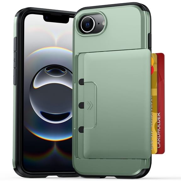 Dteck Wallet Back Case for iPhone 17e / iPhone 16e,Shockproof Dual Layer TPU + PC Protective Cover with Hidden Credit Card Holder Case, Armygreen