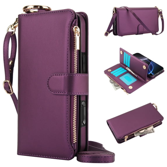 Dteck Wallet Bag Case for Samsung Galaxy A13 4G,Magnetic Leather Wallet Case with RFID Blocking Card Holder Multi-Function Stylish Ring Zipper Purse Cover with Shoulder Strap/Wrist Strap,Deeppurple