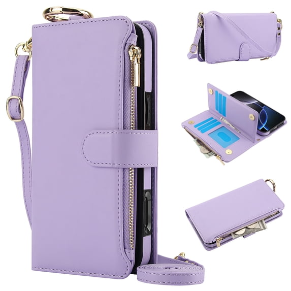 Dteck Wallet Bag Case for Samsung Galaxy S23 Ultra,Magnetic Leather Wallet Case with RFID Blocking Card Holder Multi-Function Stylish Ring Zipper Purse Cover with Shoulder Strap/Wrist Strap,Violet