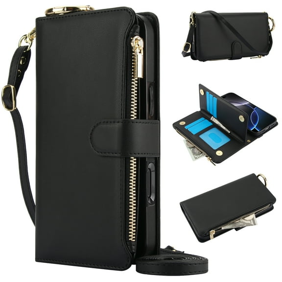 Dteck Wallet Bag Case for Samsung Galaxy S24,Magnetic Leather Wallet Case with RFID Blocking Card Holder Multi-Function Stylish Ring Zipper Purse Cover with Shoulder Strap/Wrist Strap,Black