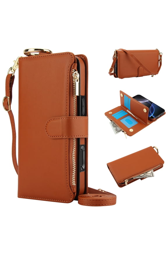 Wallet Bag Case for Samsung Galaxy S25+,Magnetic Leather Wallet Case with RFID Blocking Card Holder Multi-Function Stylish Ring Zipper Purse Cover with Shoulder Strap/Wrist Strap,Brown