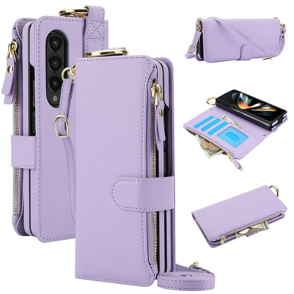 Dteck Wallet Bag Case for Samsung Galaxy Z Fold 3,Magnetic Leather Wallet Case with RFID Blocking Card Holder Multi-Function Stylish Ring Zipper Purse Cover with Shoulder Strap/Wrist Strap,Violet