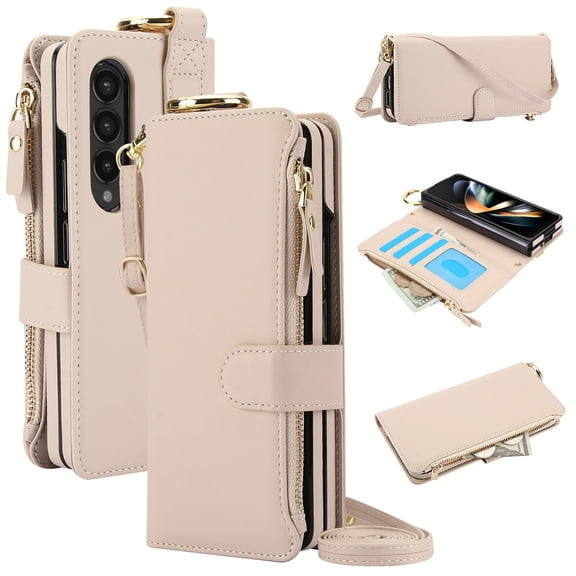 Dteck Wallet Bag Case for Samsung Galaxy Z Fold 4,Magnetic Leather Wallet Case with RFID Blocking Card Holder Multi-Function Stylish Ring Zipper Purse Cover with Shoulder Strap/Wrist Strap,White